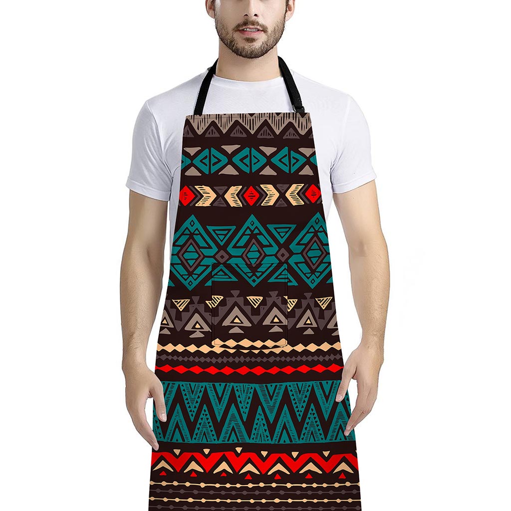 Teal And Brown Aztec Pattern Print Bib Apron With Pocket