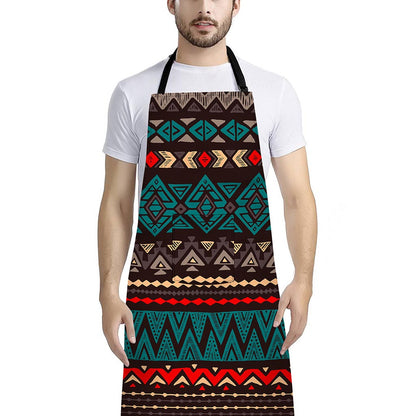 Teal And Brown Aztec Pattern Print Bib Apron With Pocket