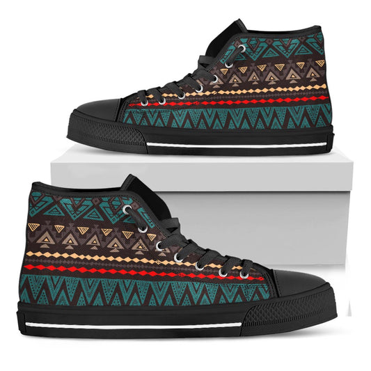 Teal And Brown Aztec Pattern Print Black High Top Sneakers