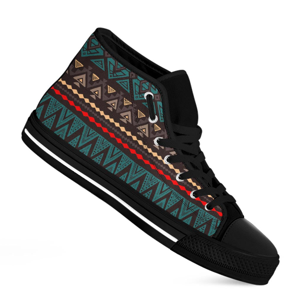 Teal And Brown Aztec Pattern Print Black High Top Sneakers