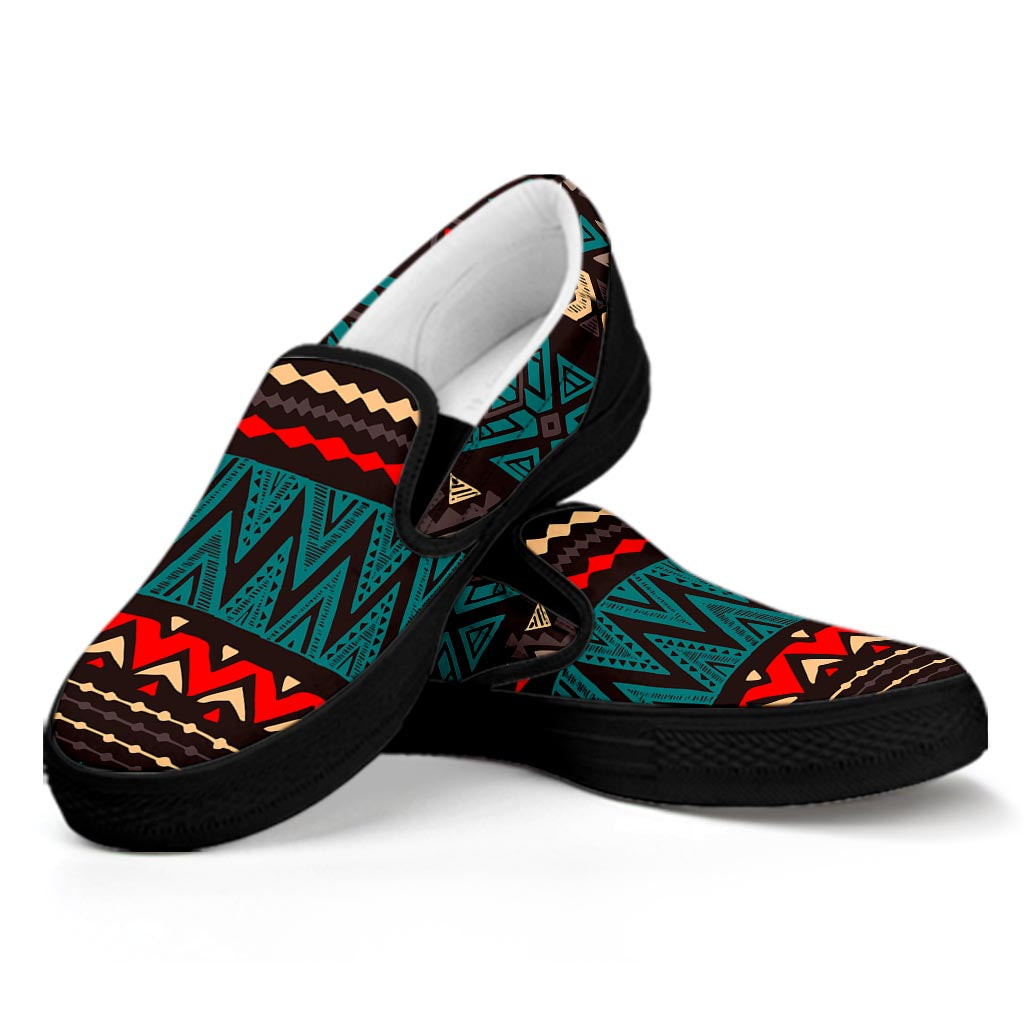 Teal And Brown Aztec Pattern Print Black Slip On Sneakers