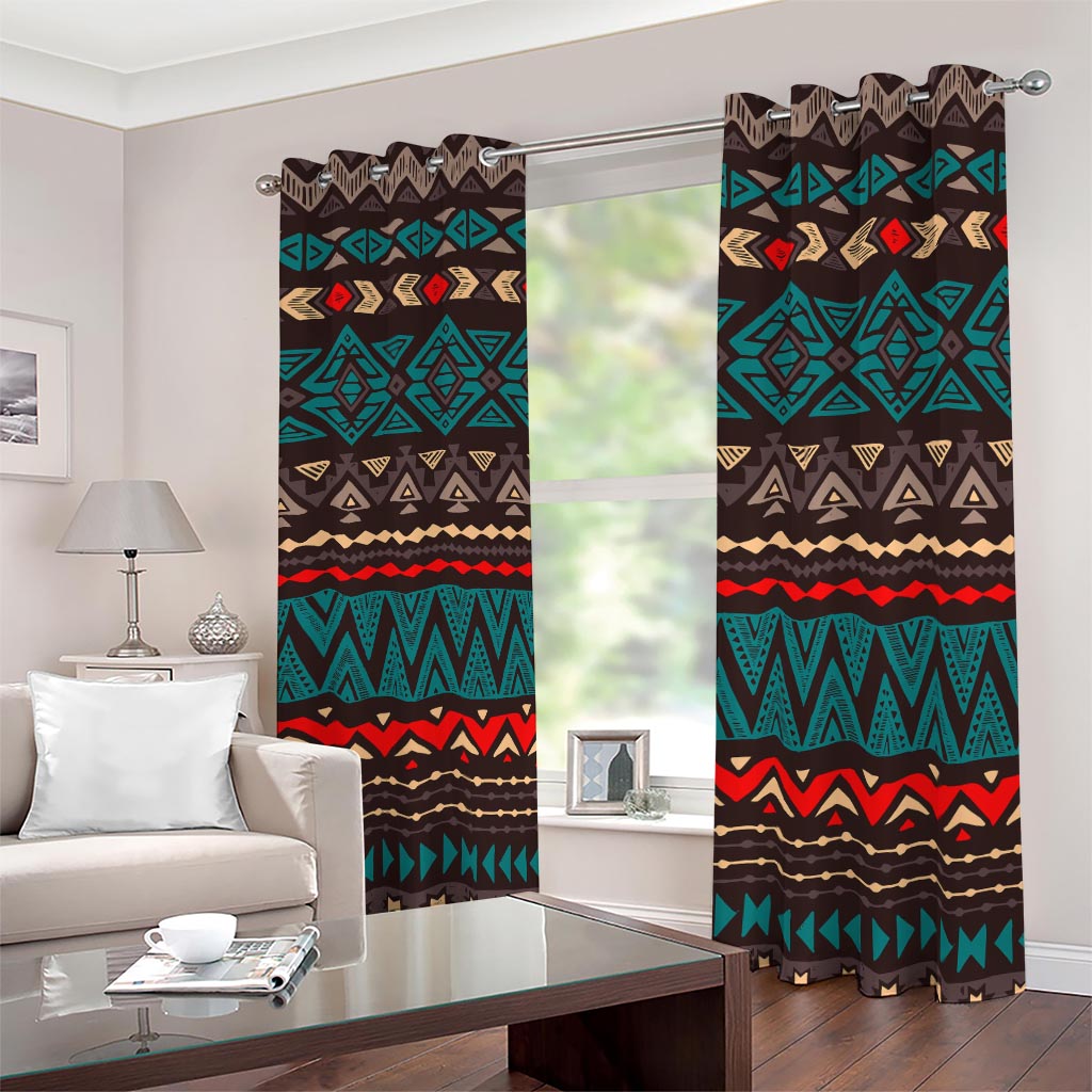 Teal And Brown Aztec Pattern Print Blackout Grommet Curtains