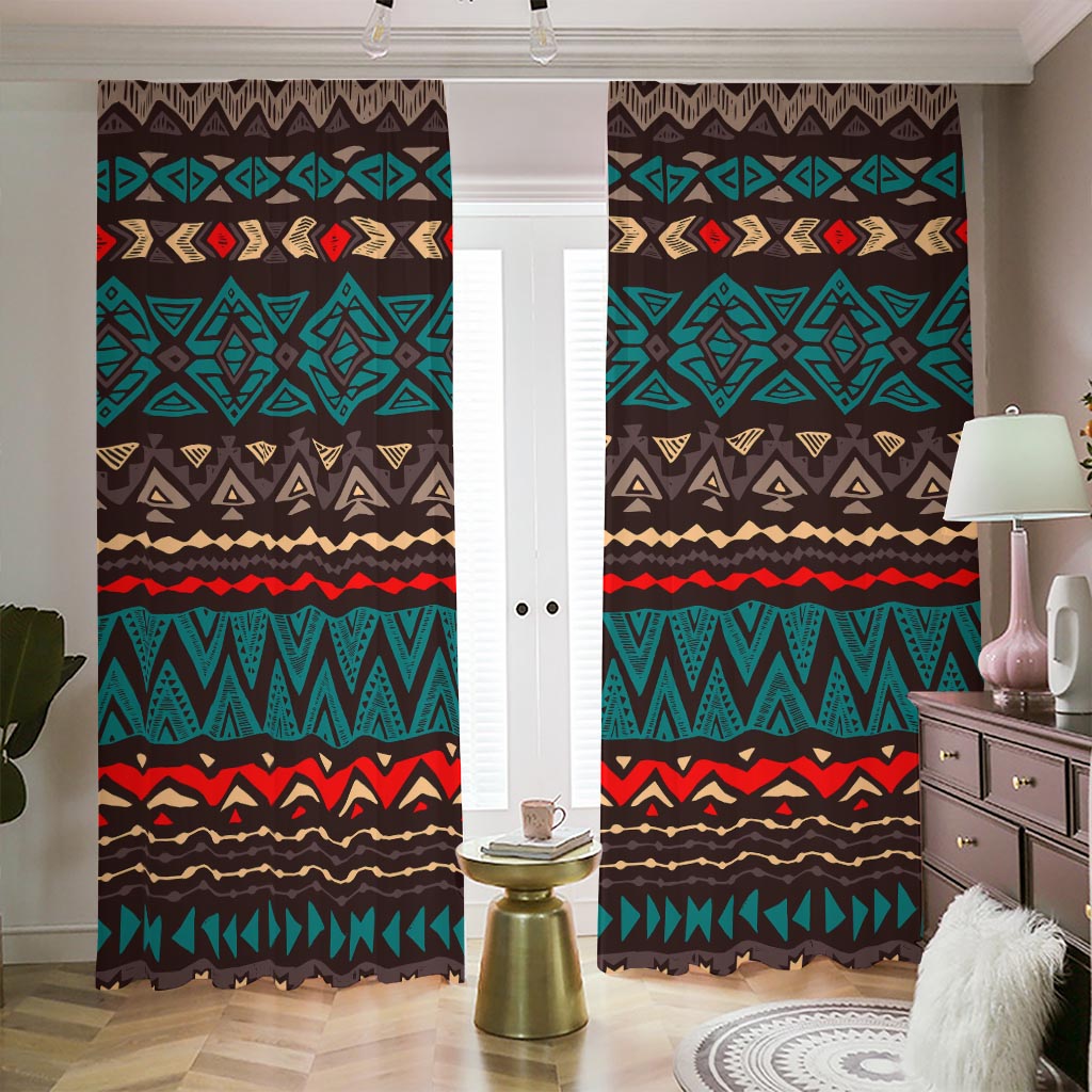 Teal And Brown Aztec Pattern Print Blackout Pencil Pleat Curtains