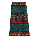 Teal And Brown Aztec Pattern Print Cotton Front Slit Maxi Skirt