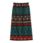Teal And Brown Aztec Pattern Print Cotton Front Slit Maxi Skirt