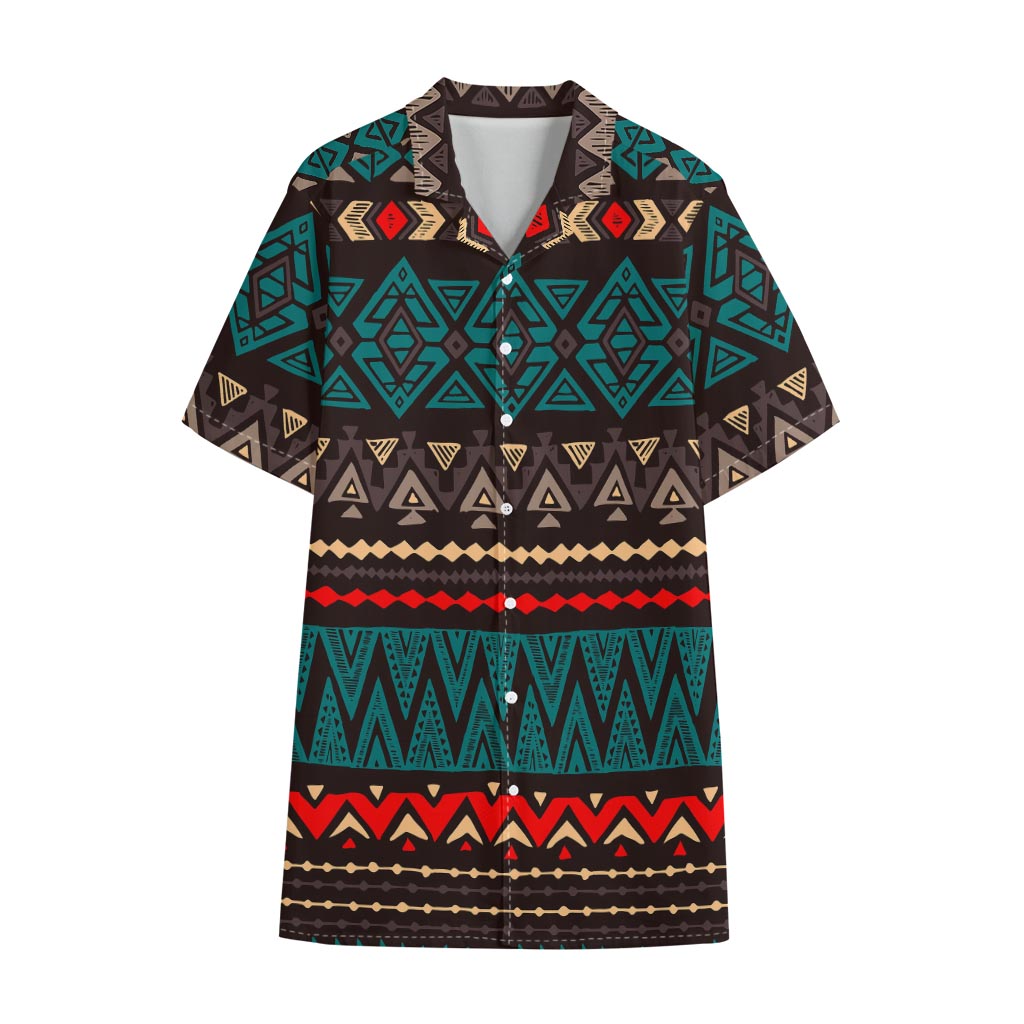 Teal And Brown Aztec Pattern Print Cotton Hawaiian Shirt