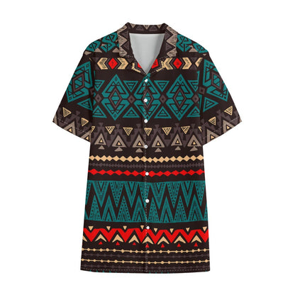 Teal And Brown Aztec Pattern Print Cotton Hawaiian Shirt