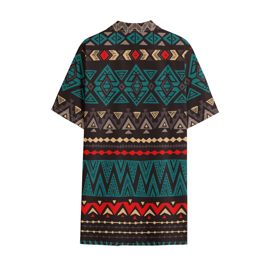 Teal And Brown Aztec Pattern Print Cotton Hawaiian Shirt