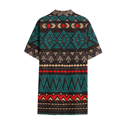 Teal And Brown Aztec Pattern Print Cotton Hawaiian Shirt