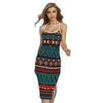 Teal And Brown Aztec Pattern Print Cross Back Cami Dress