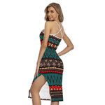 Teal And Brown Aztec Pattern Print Cross Back Cami Dress