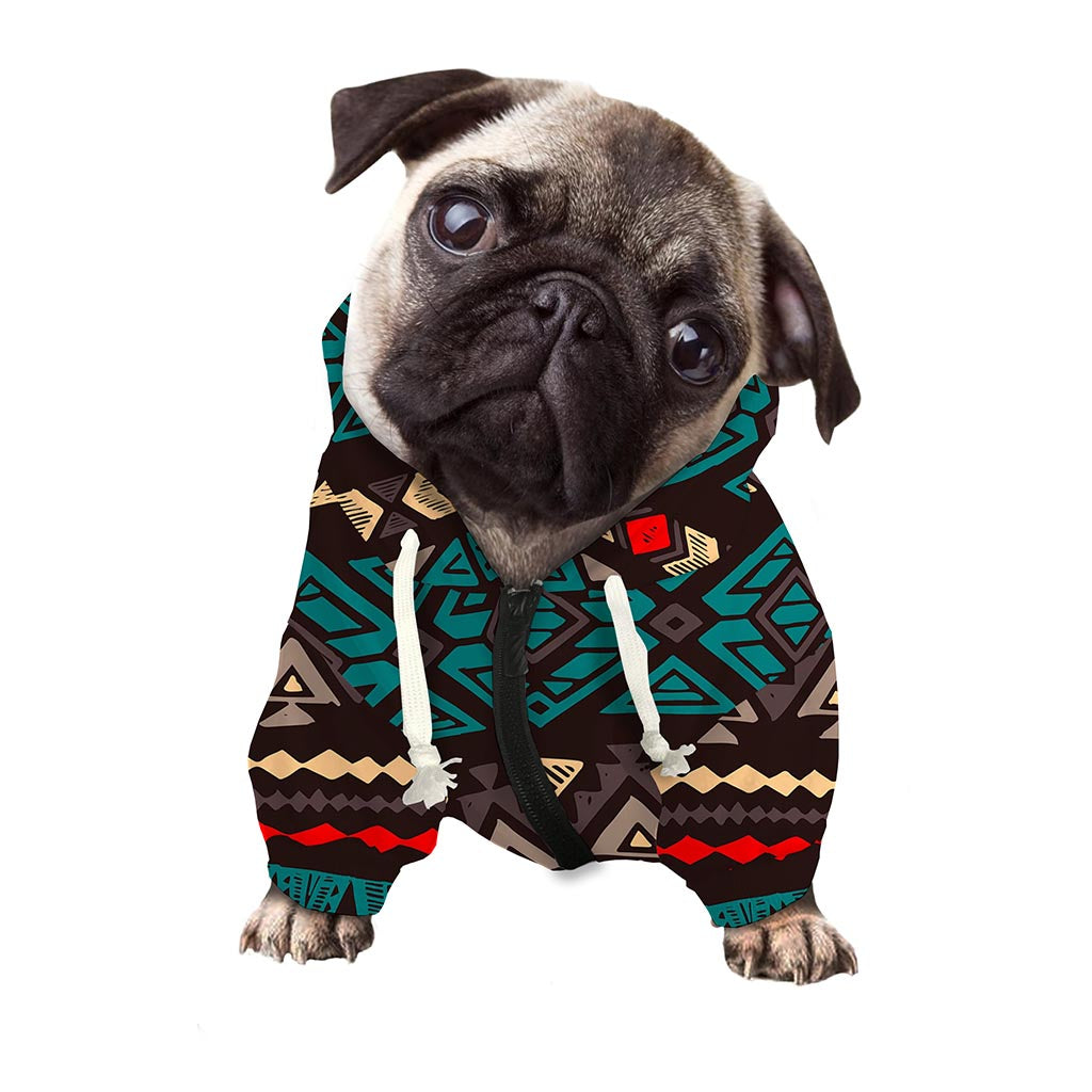 Teal And Brown Aztec Pattern Print Dog Zip Up Hoodie