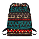 Teal And Brown Aztec Pattern Print Drawstring Backpack