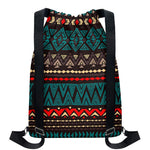 Teal And Brown Aztec Pattern Print Drawstring Backpack