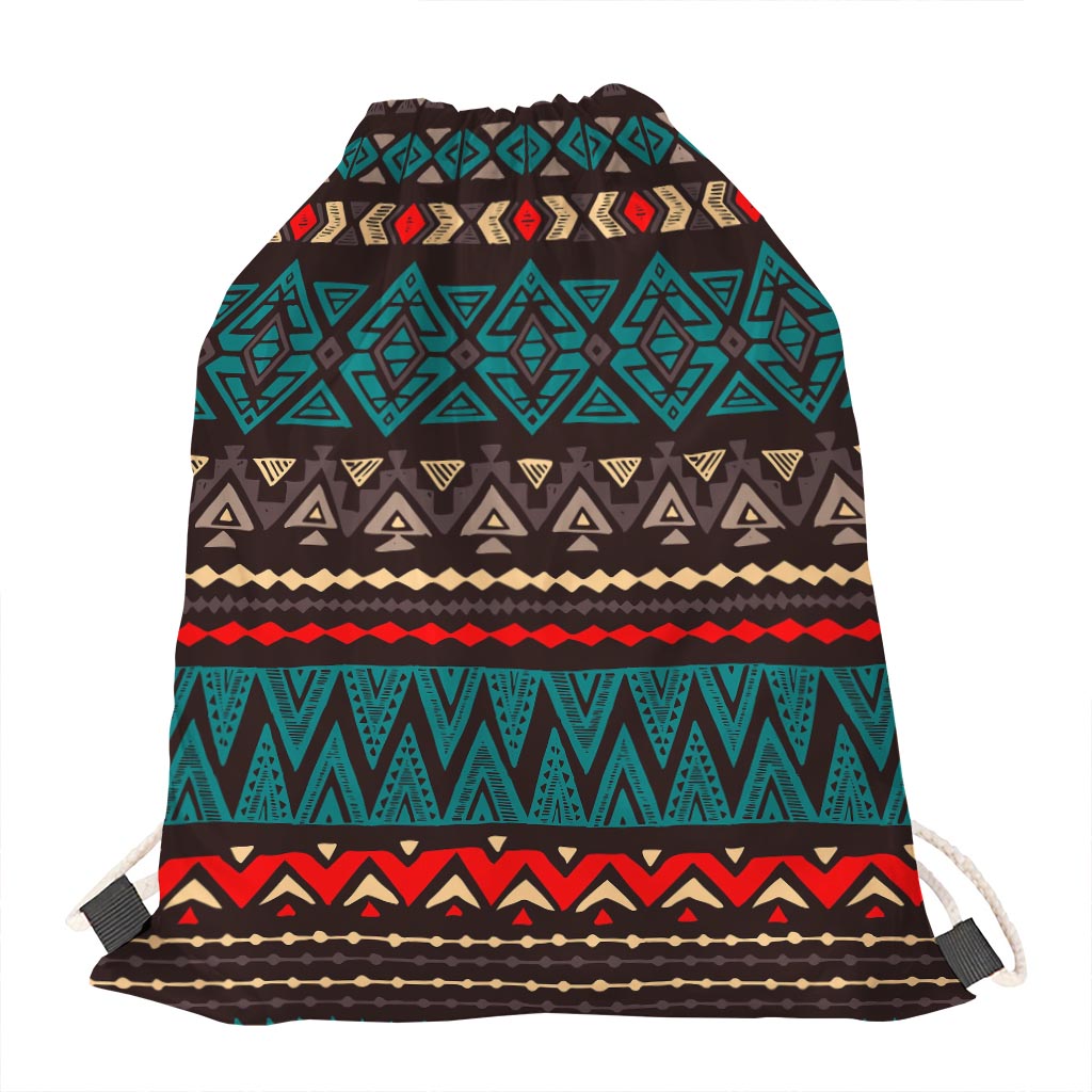 Teal And Brown Aztec Pattern Print Drawstring Bag