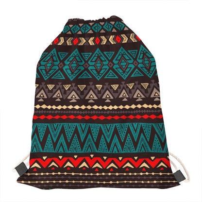 Teal And Brown Aztec Pattern Print Drawstring Bag