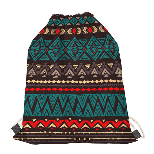 Teal And Brown Aztec Pattern Print Drawstring Bag