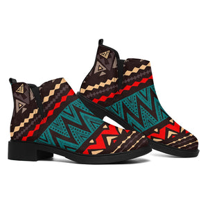 Teal And Brown Aztec Pattern Print Flat Ankle Boots