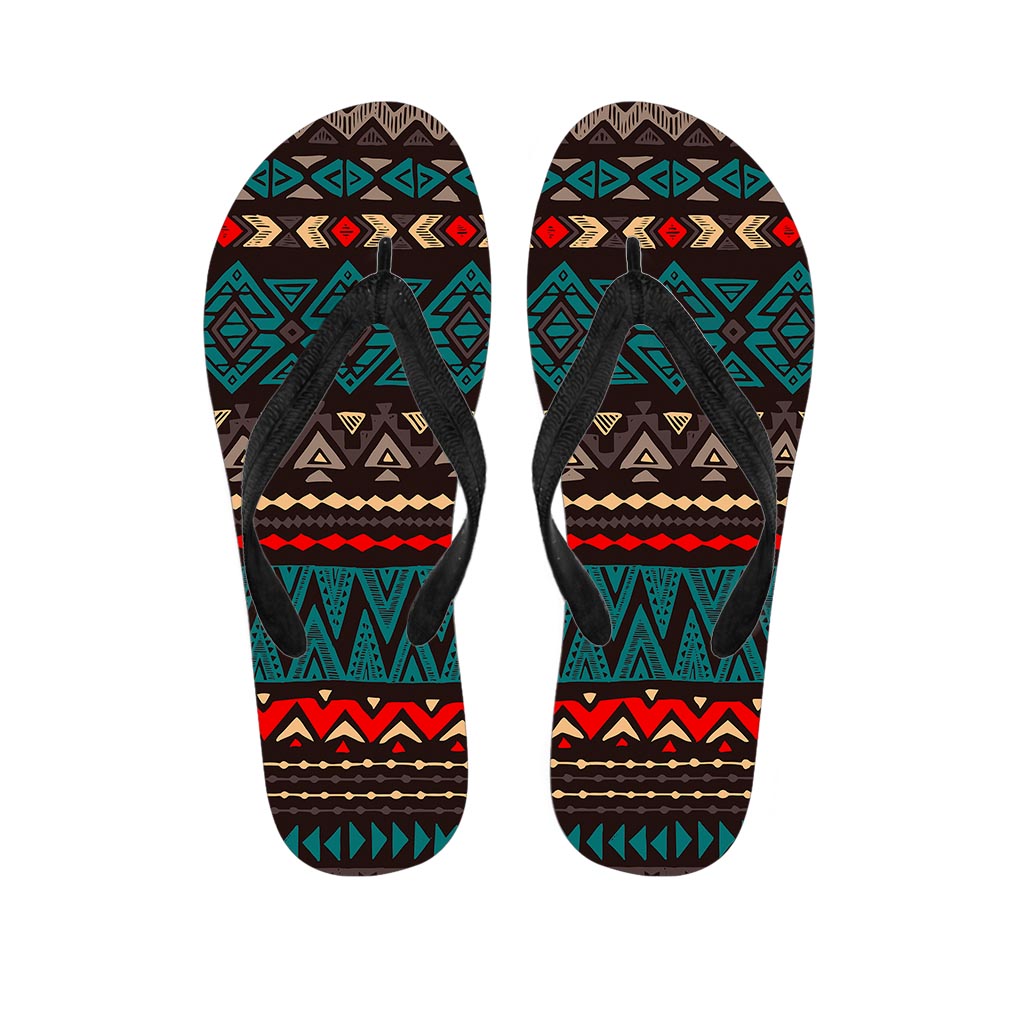 Teal And Brown Aztec Pattern Print Flip Flops
