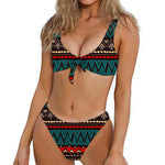 Teal And Brown Aztec Pattern Print Front Bow Tie Bikini