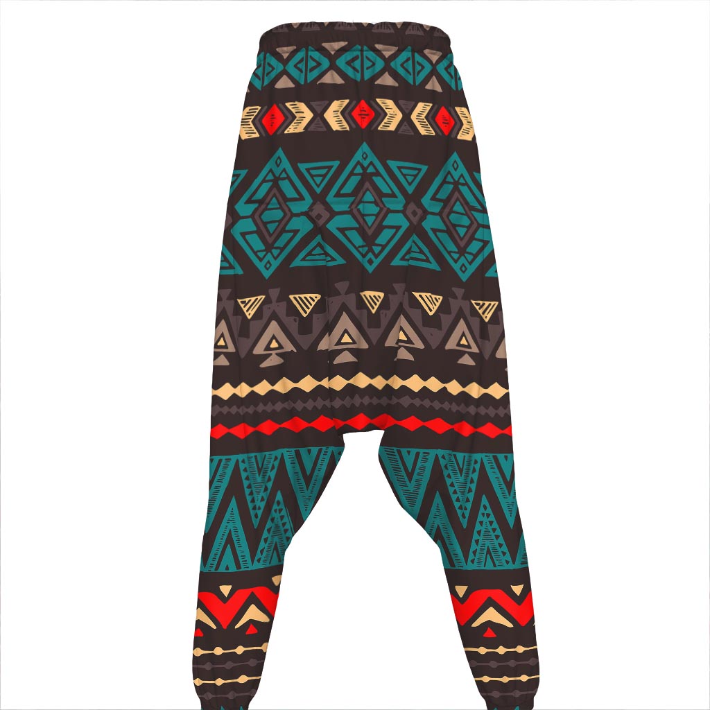 Teal And Brown Aztec Pattern Print Hammer Pants