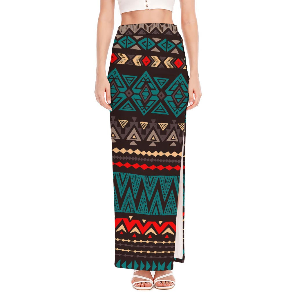 Teal And Brown Aztec Pattern Print High Slit Maxi Skirt