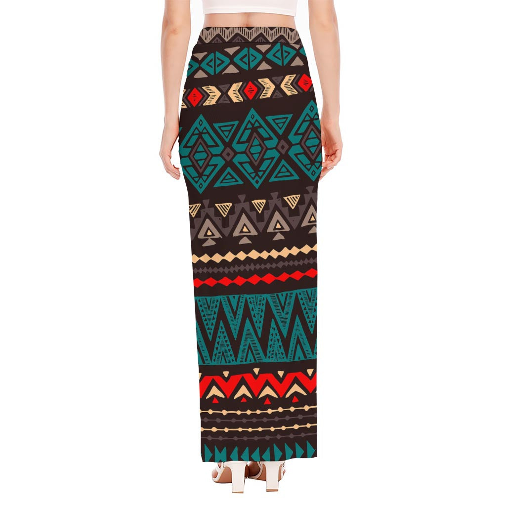 Teal And Brown Aztec Pattern Print High Slit Maxi Skirt