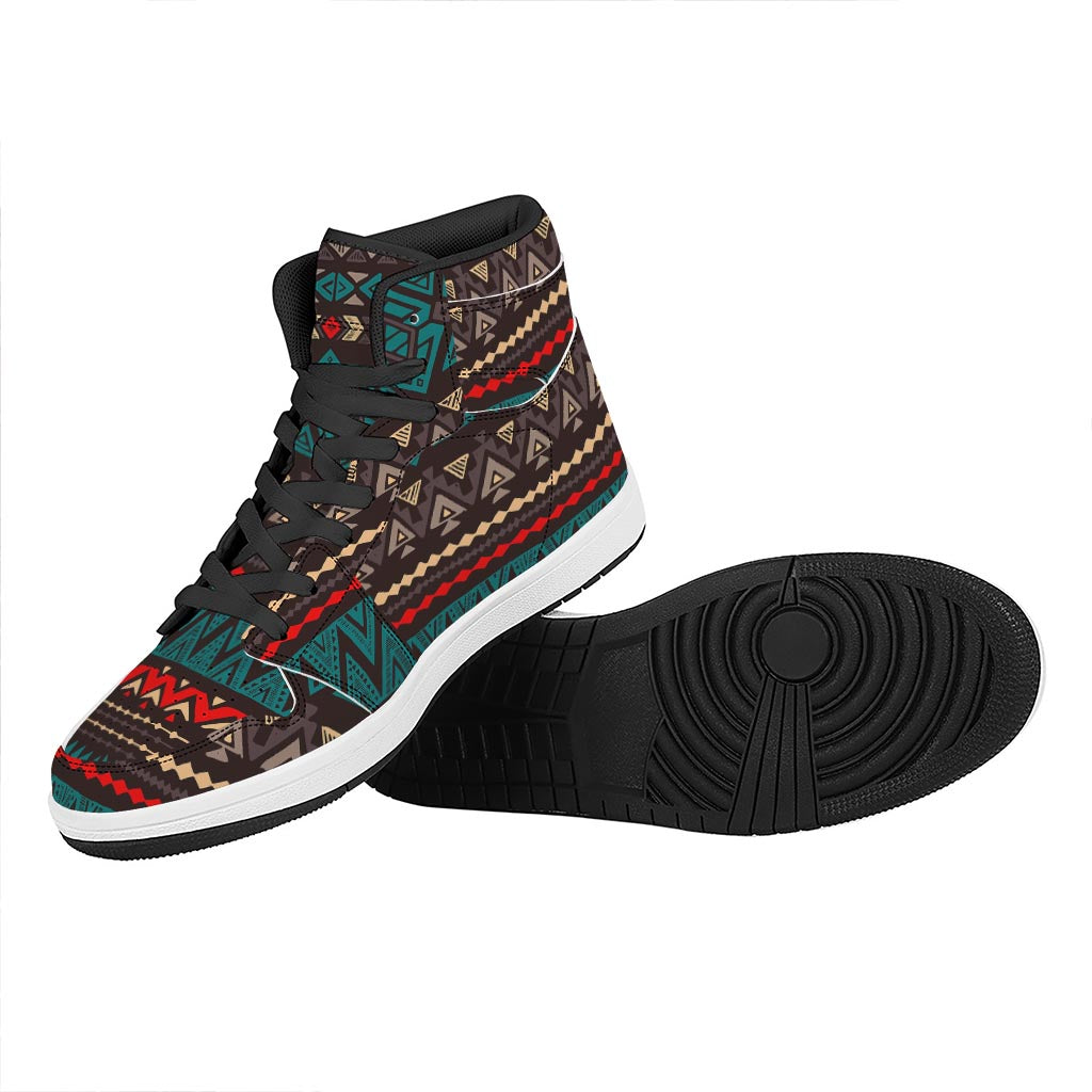 Teal And Brown Aztec Pattern Print High Top Leather Sneakers