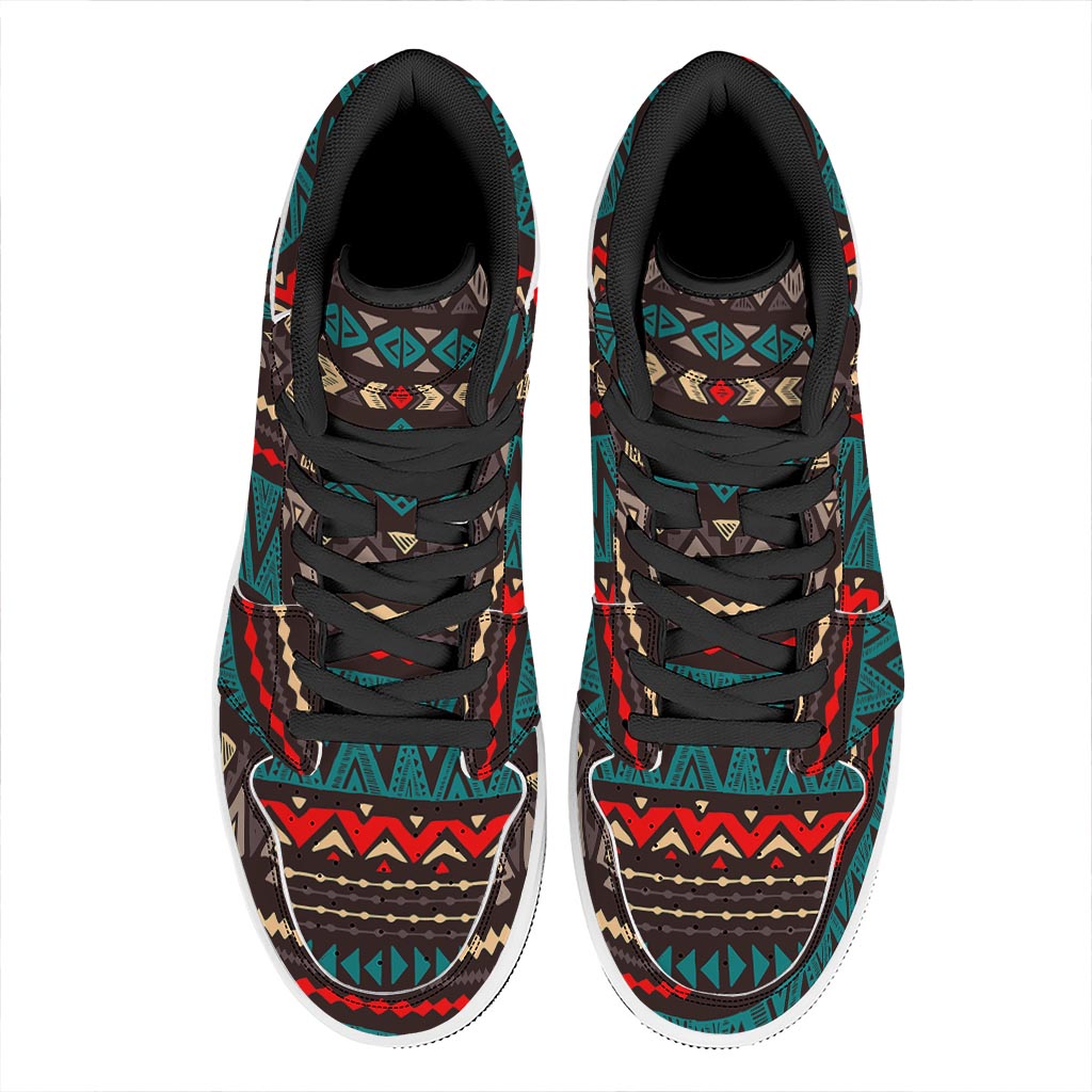 Teal And Brown Aztec Pattern Print High Top Leather Sneakers