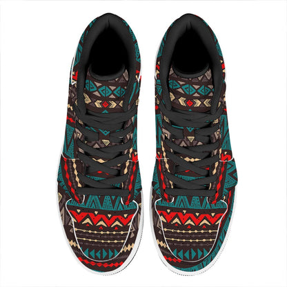 Teal And Brown Aztec Pattern Print High Top Leather Sneakers