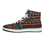 Teal And Brown Aztec Pattern Print High Top Leather Sneakers