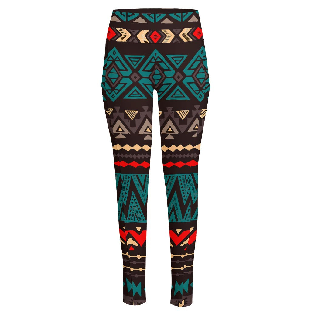 Teal And Brown Aztec Pattern Print High-Waisted Pocket Leggings