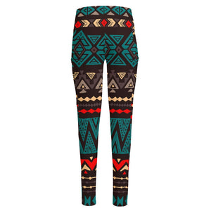 Teal And Brown Aztec Pattern Print High-Waisted Pocket Leggings