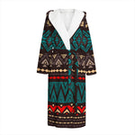 Teal And Brown Aztec Pattern Print Hooded Bathrobe
