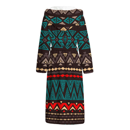 Teal And Brown Aztec Pattern Print Hooded Bathrobe