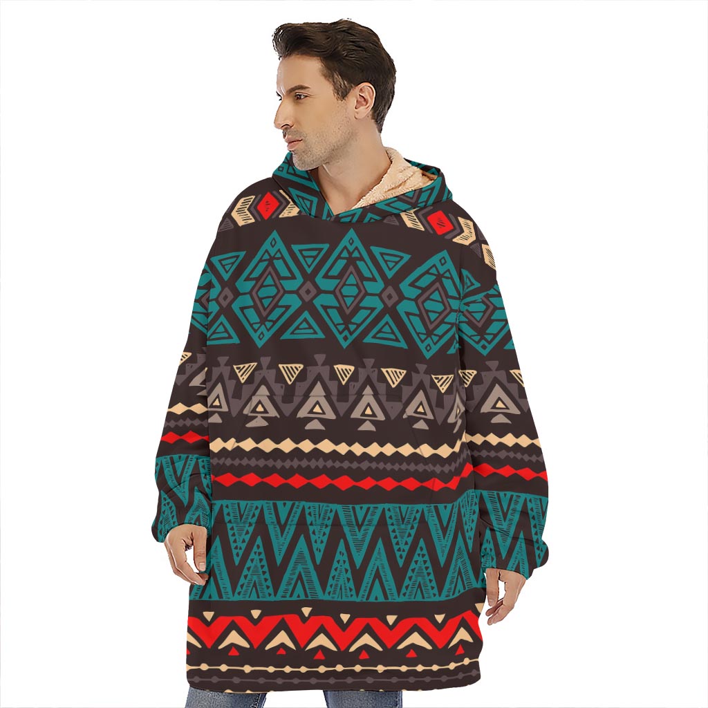 Teal And Brown Aztec Pattern Print Hoodie Blanket