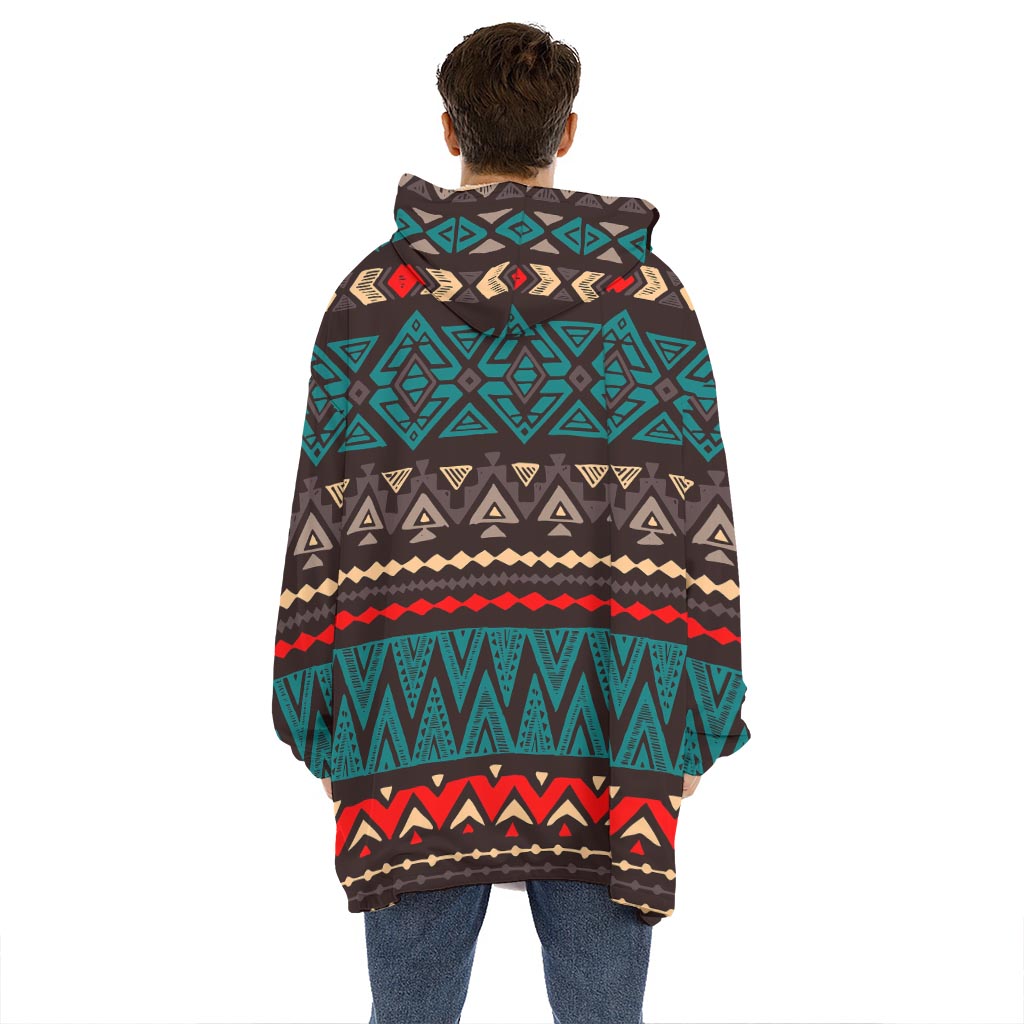 Teal And Brown Aztec Pattern Print Hoodie Blanket