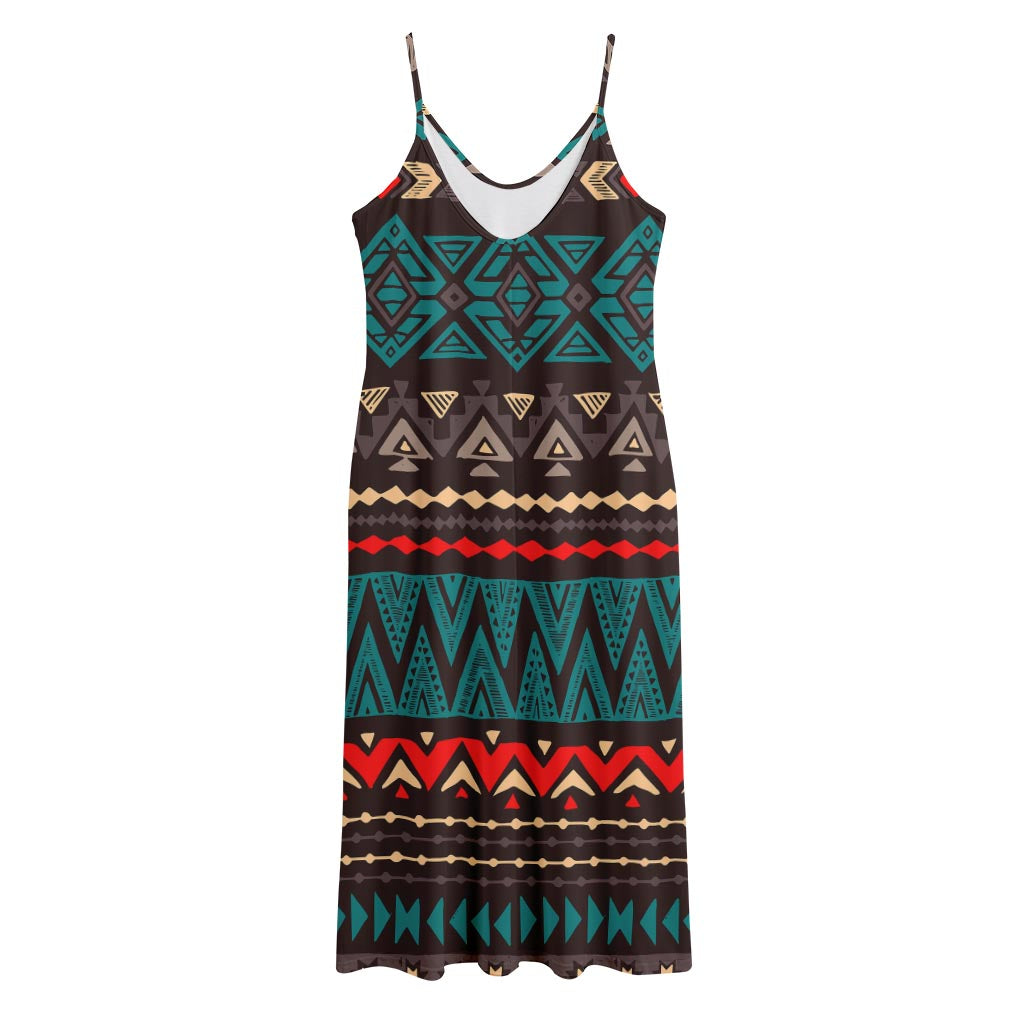 Teal And Brown Aztec Pattern Print Jersey Midi Cami Dress