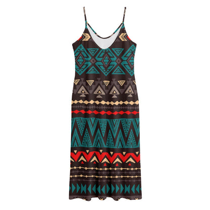 Teal And Brown Aztec Pattern Print Jersey Midi Cami Dress