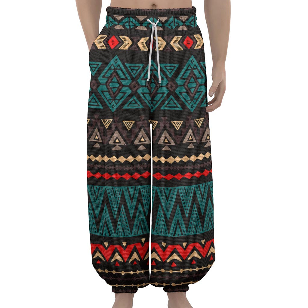 Teal And Brown Aztec Pattern Print Lantern Pants