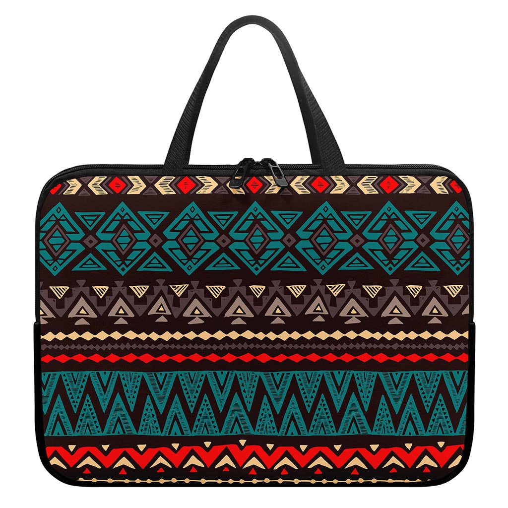 Teal And Brown Aztec Pattern Print Laptop Sleeve With Handle