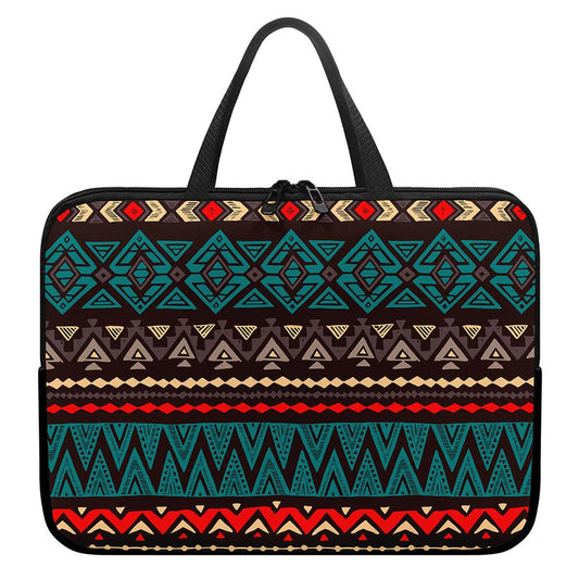 Teal And Brown Aztec Pattern Print Laptop Sleeve With Handle
