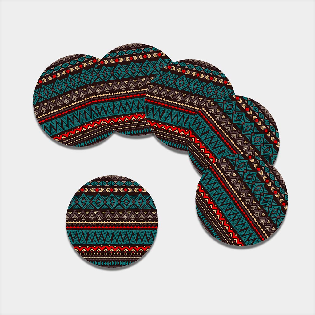 Teal And Brown Aztec Pattern Print Leather Coaster Set