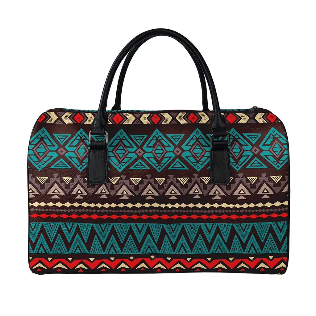 Teal And Brown Aztec Pattern Print Leather Duffle Bag