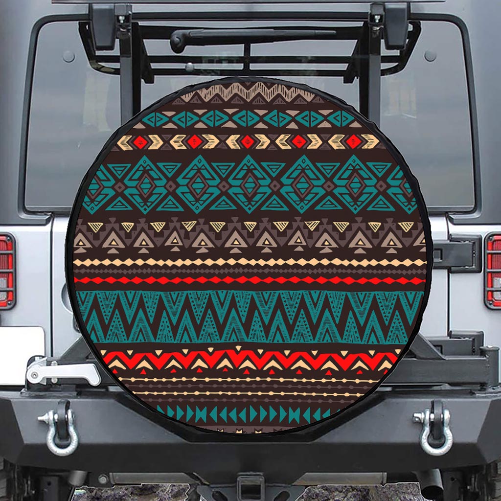Teal And Brown Aztec Pattern Print Leather Spare Tire Cover