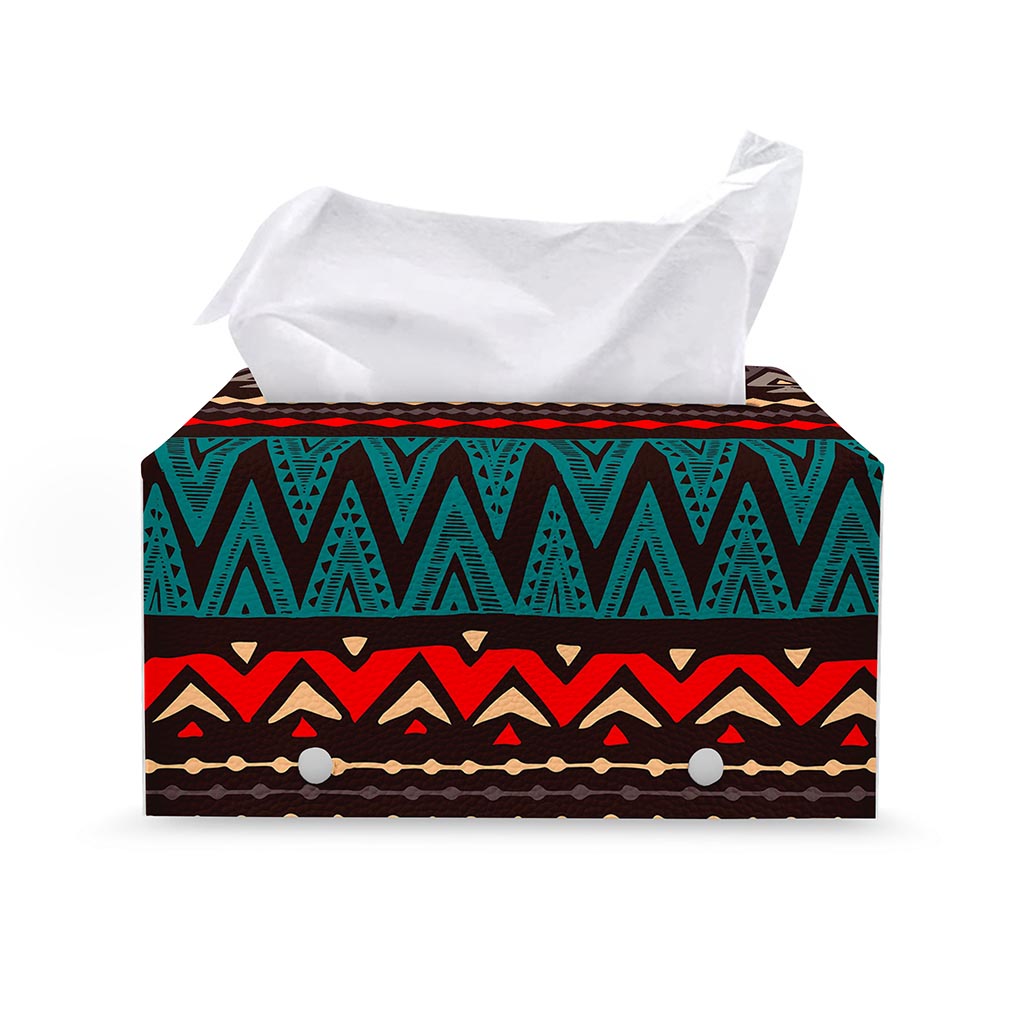 Teal And Brown Aztec Pattern Print Leather Tissue Box Cover