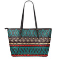 Teal And Brown Aztec Pattern Print Leather Tote Bag With Zipper