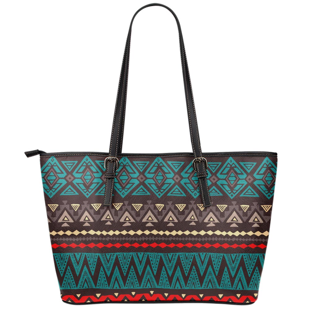 Teal And Brown Aztec Pattern Print Leather Tote Bag