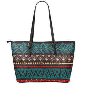 Teal And Brown Aztec Pattern Print Leather Tote Bag