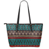 Teal And Brown Aztec Pattern Print Leather Tote Bag